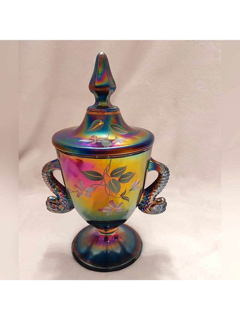 Fenton glass Candy Box with Lid Black Iredescent Carnival Glass Koi Fish Handles